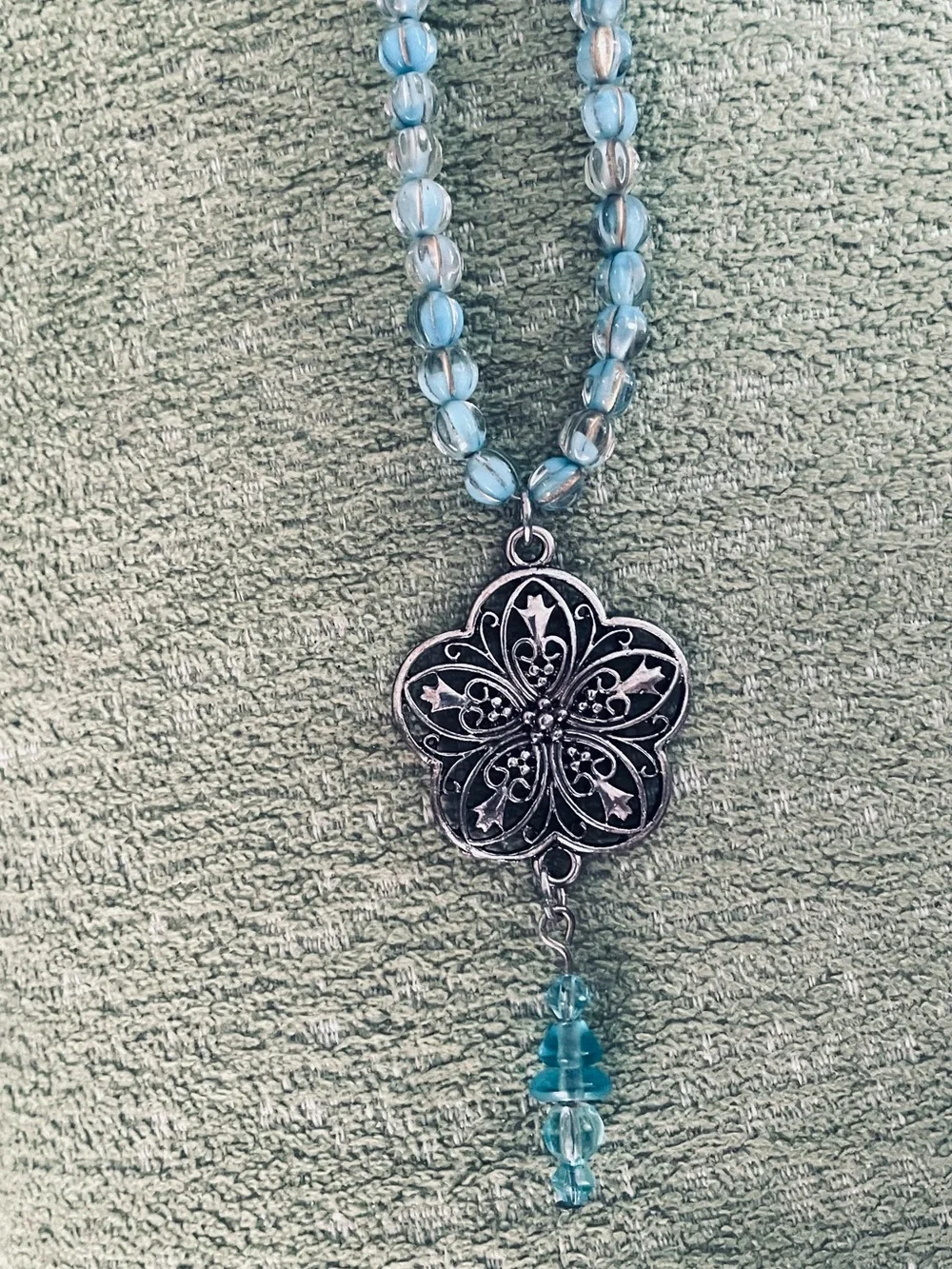 Blue Beaded Necklace with Floral Filigree Pendant